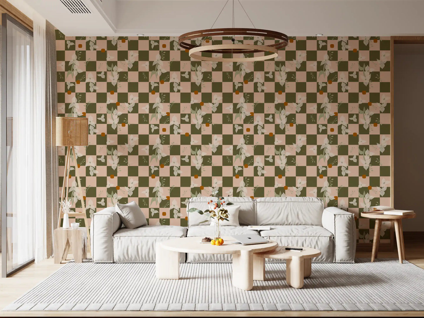 Olive Checker Floral Wallpaper Retro Boho Wallpaper⁠