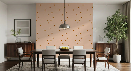 Dining room with Blush Beige Polka Dot Wallpaper and warm retro spots