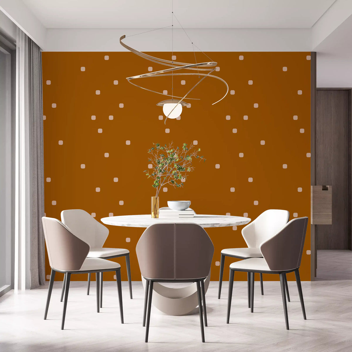 Dining room wall showing terracotta beige wallpaper with soft polka dot spacing