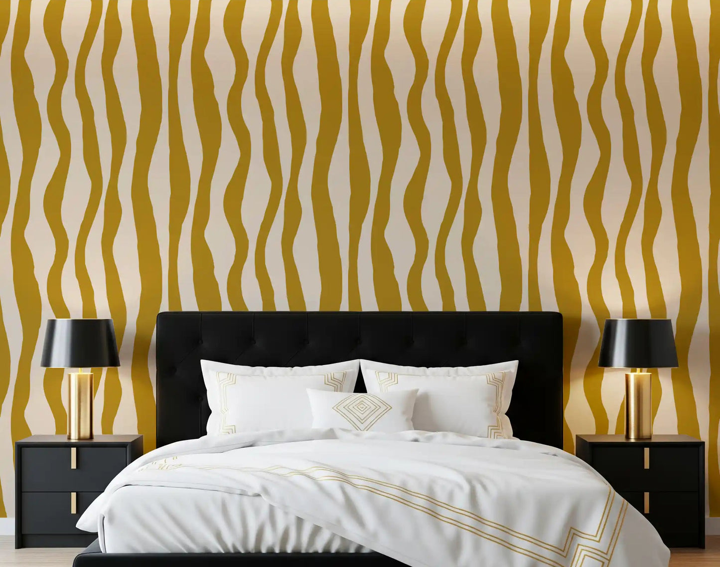 Mustard Wavy Stripe Wallpaper Retro Boho Wallpaper⁠