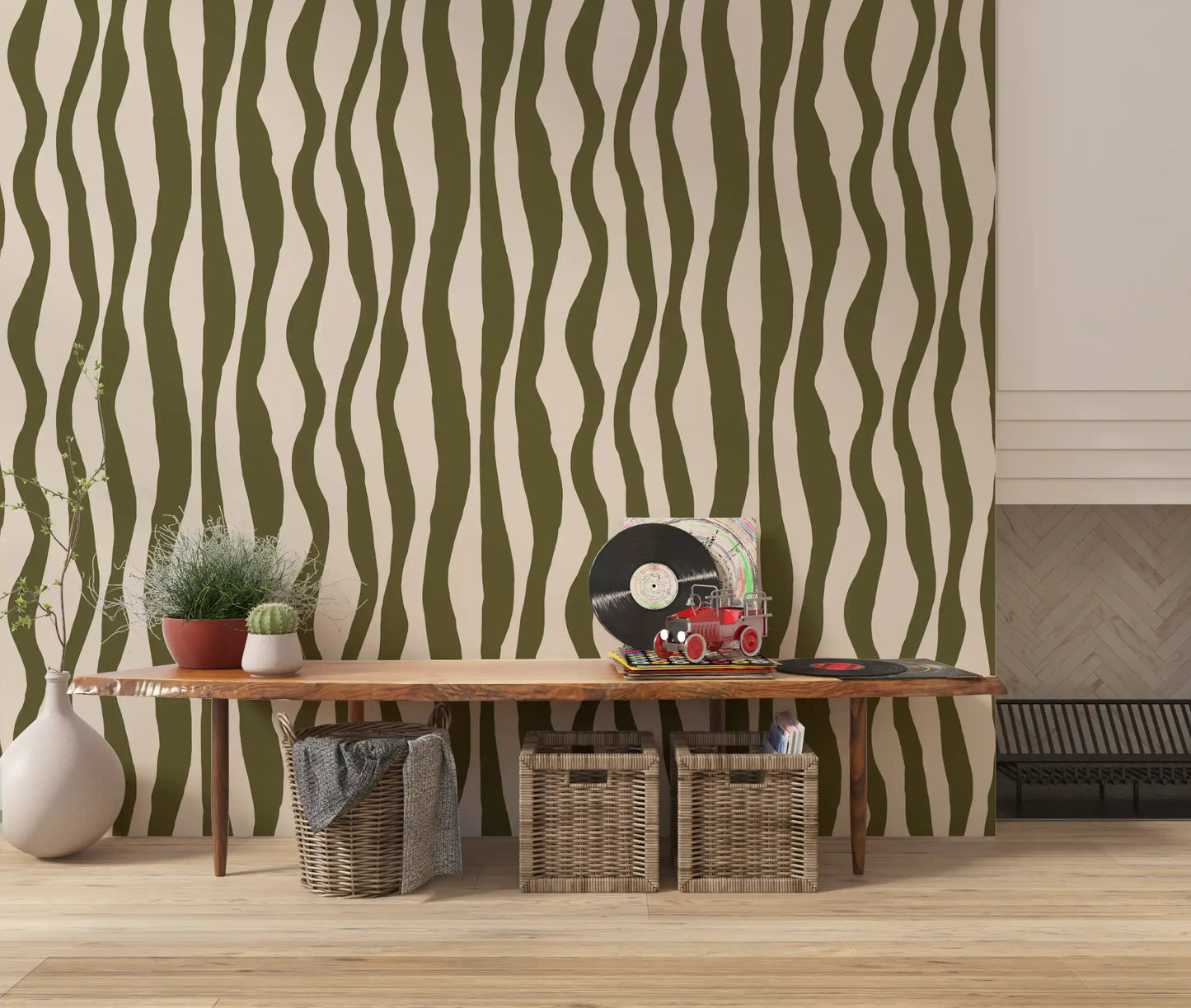 Home Boho Stripe Wallpaper with simple green wavy detail