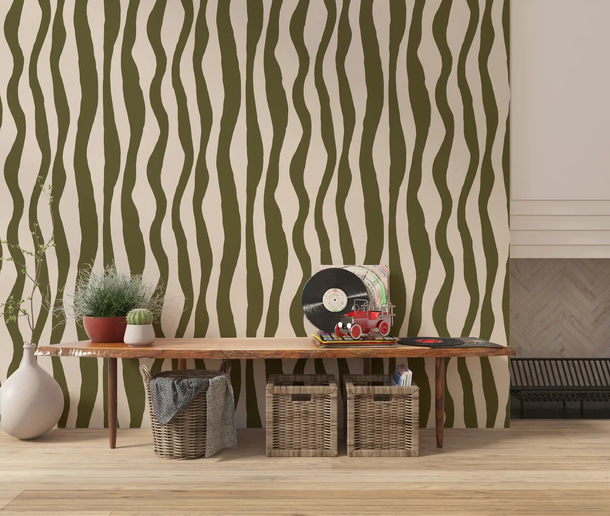 Home Boho Stripe Wallpaper with simple green wavy detail