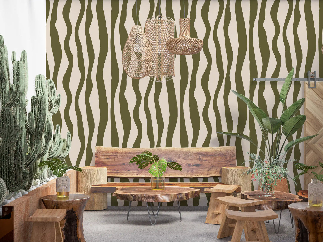 Sage Green Wavy Stripe Wallpaper Scandinavian Boho Wallpaper⁠