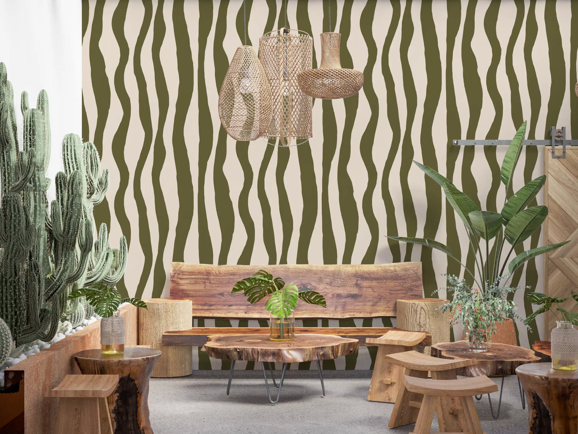 Cafe area Scandinavian Boho wallpaper with muted green line flow