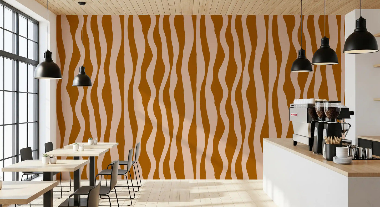 Cafe area wall showing Terracotta Stripe Wallpaper with soft pink wave bands