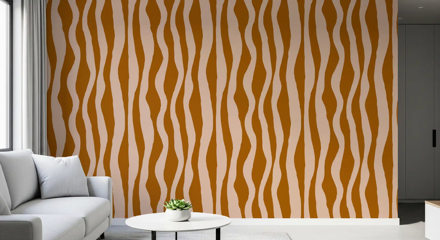 Soft retro boho wallpaper featuring terracotta waves and pink contrast
