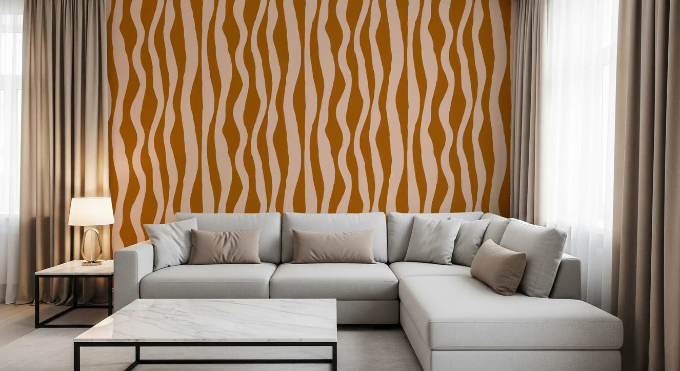 Living room with Terracotta Pink Wavy Stripe Wallpaper in a retro boho look