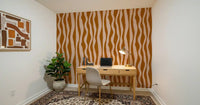 Office room using Retro Boho Wallpaper and flowing pink stripe detail