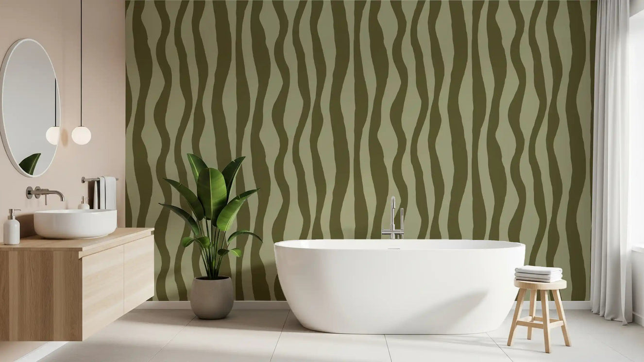 Bathroom Olive Green Wavy Stripe wallpaper with organic retro movement