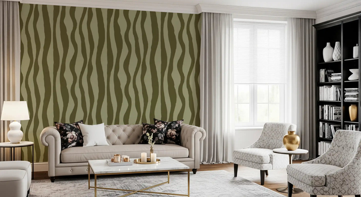 Wavy pattern wallpaper with muted green bands and natural movement
