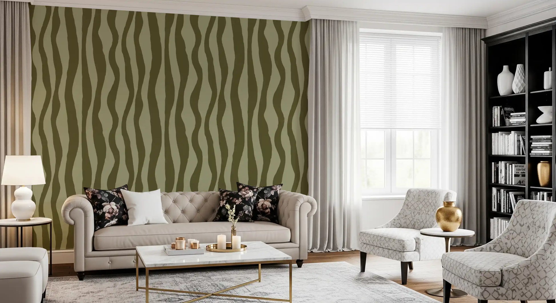 Wavy pattern wallpaper with muted green bands and natural movement