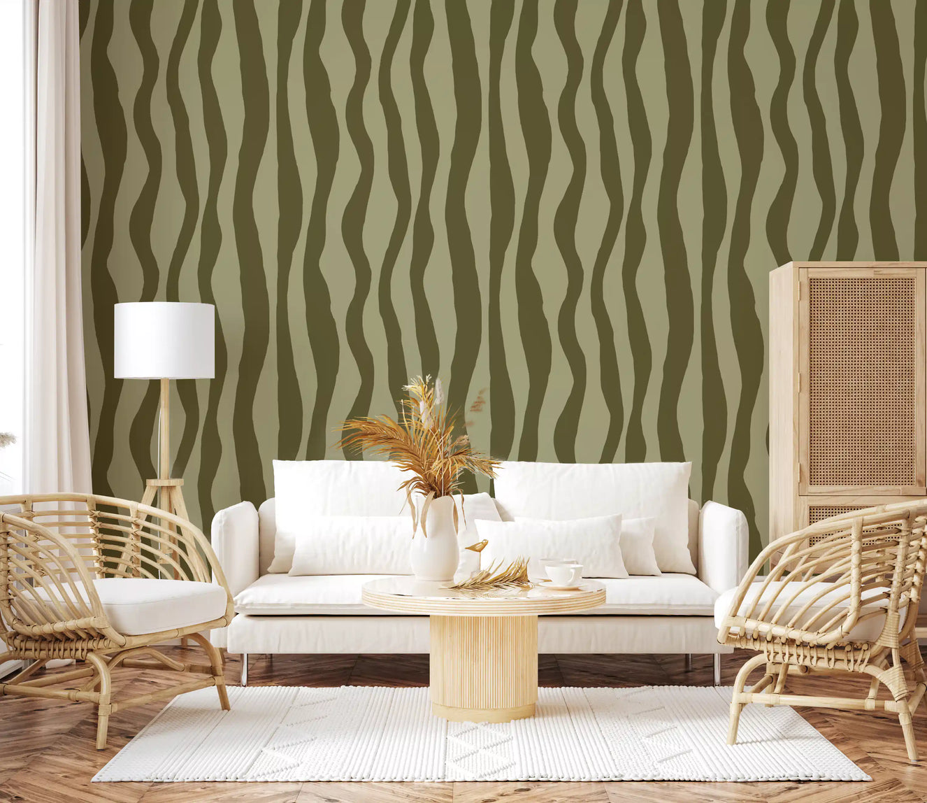 Olive Green Wavy Stripe Wallpaper Organic Retro Wallpaper⁠