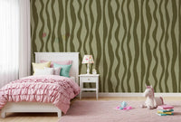 Olive Green Wavy Stripe Wallpaper with deep green organic vertical lines