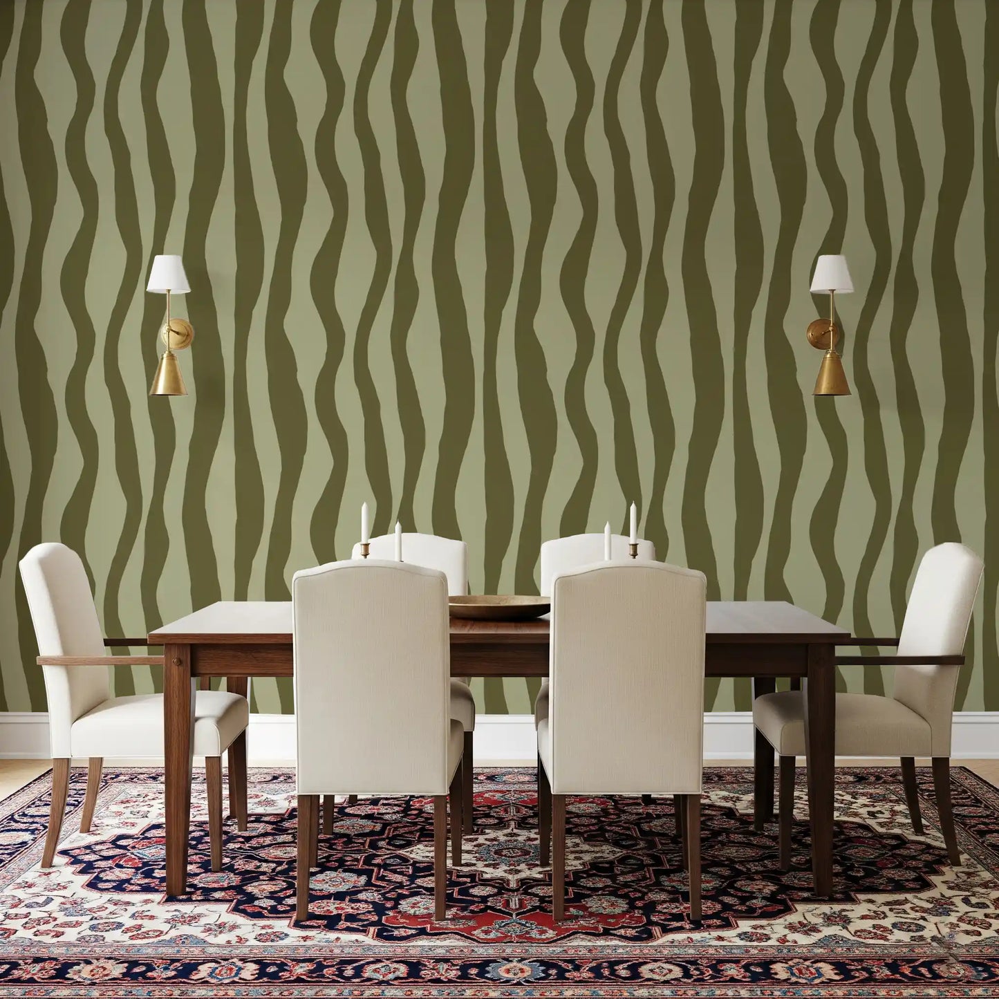 Olive retro wallpaper featuring irregular stripes and earthy color balance