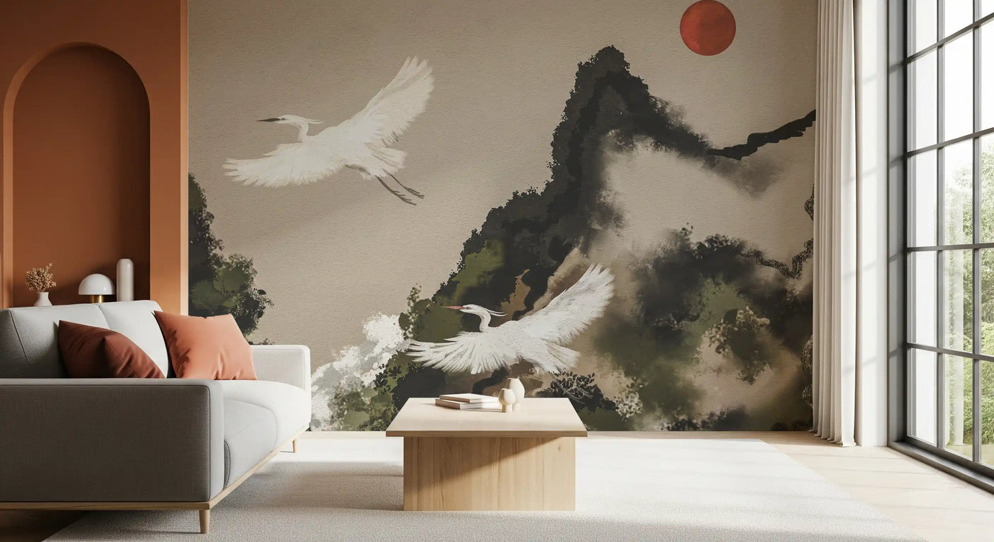 Ink Wash Sumi Japanese Watercolor Landscape Cranes and Sun Wall Mural