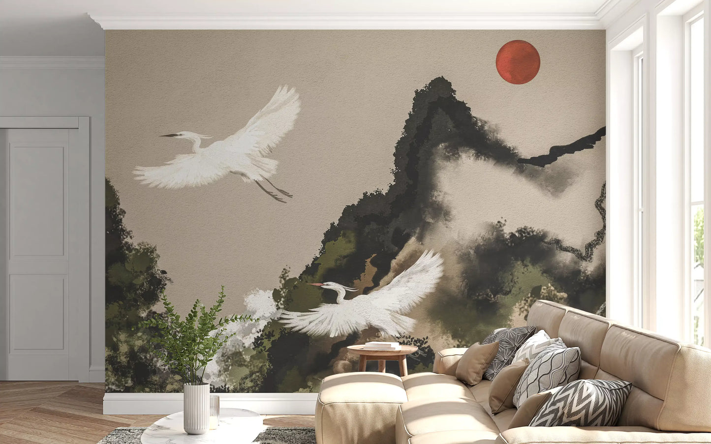 Ink Wash Sumi Japanese Watercolor Landscape Cranes and Sun Wall Mural