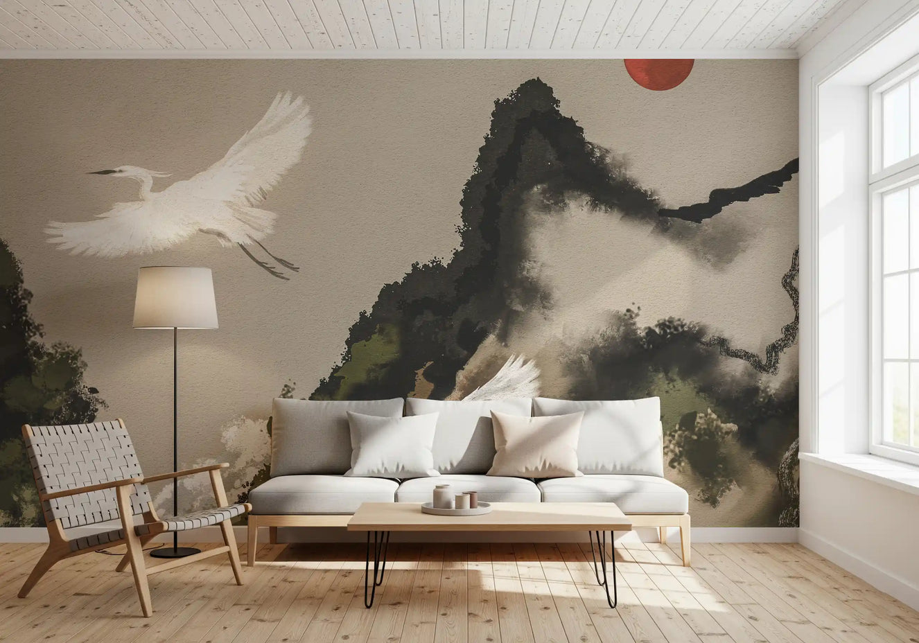 Ink Wash Sumi Japanese Watercolor Landscape Cranes and Sun Wall Mural