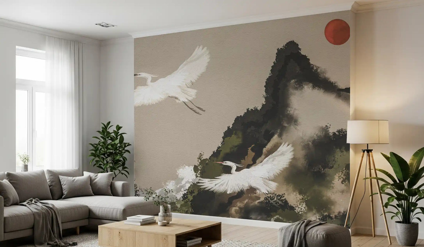 Ink Wash Sumi Japanese Watercolor Landscape Cranes and Sun Wall Mural
