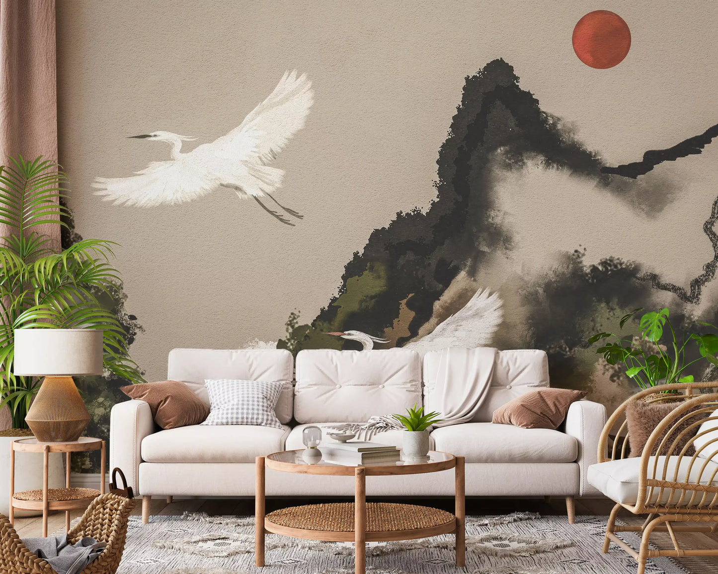 Ink Wash Sumi Japanese Watercolor Landscape Cranes and Sun Wall Mural