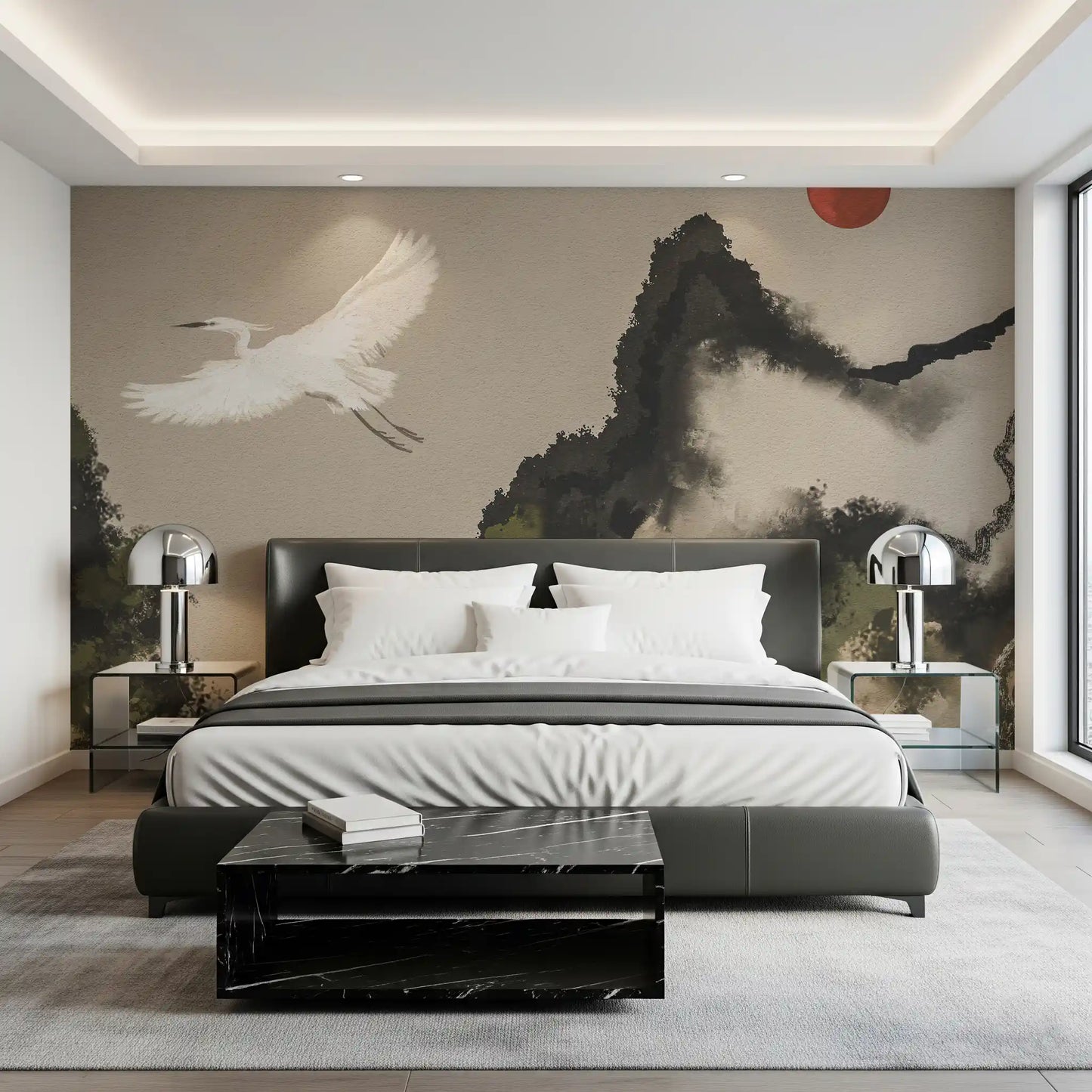 Ink Wash Sumi Japanese Watercolor Landscape Cranes and Sun Wall Mural