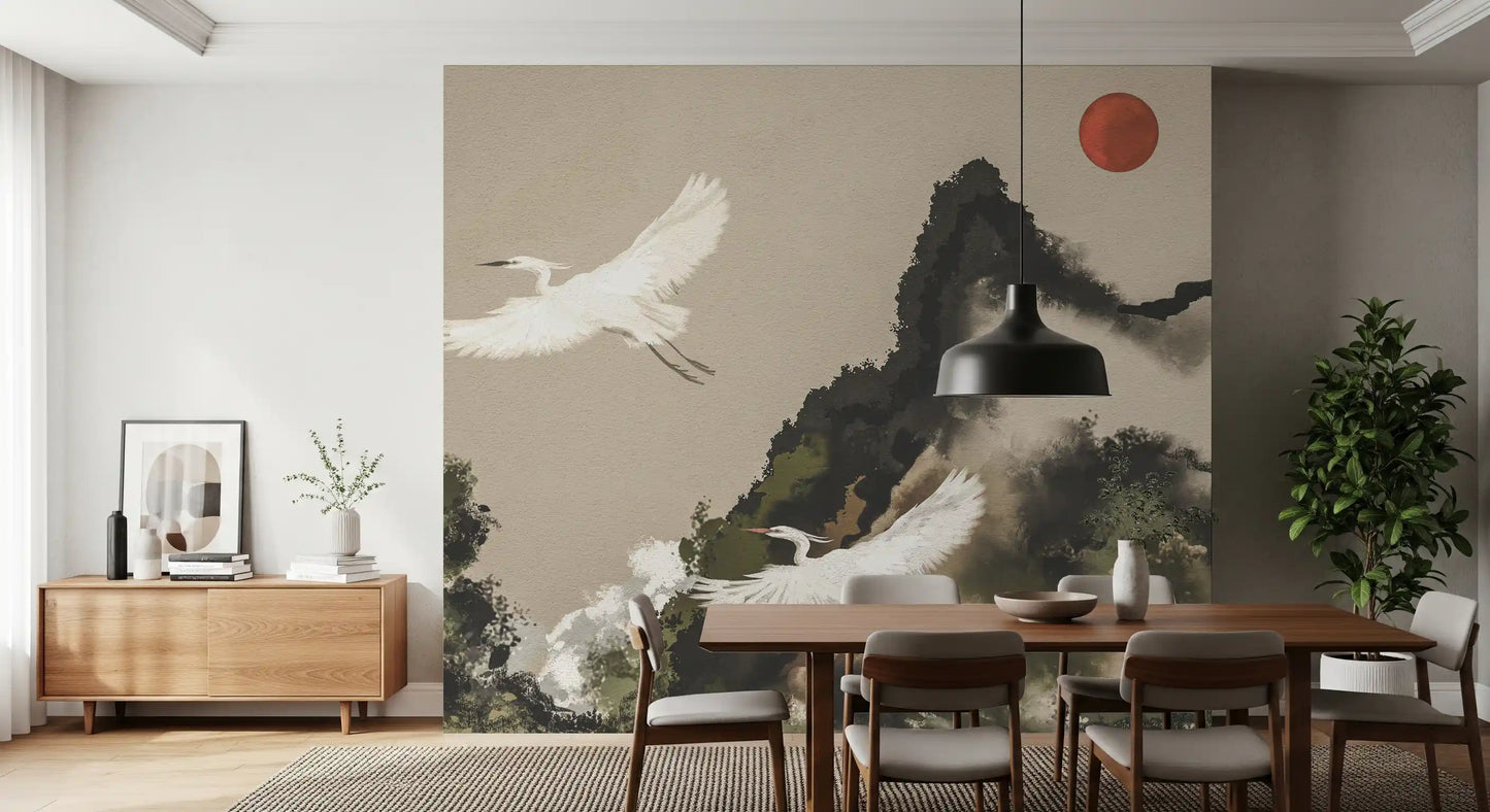 Ink Wash Sumi Japanese Watercolor Landscape Cranes and Sun Wall Mural