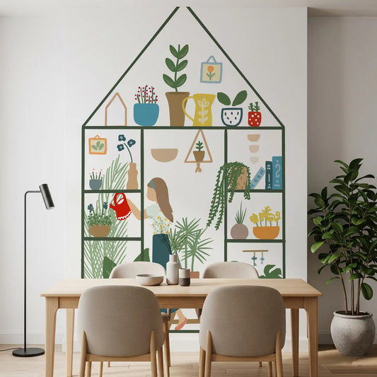 Dining room wall mural with indoor garden plants and greenhouse-style outline