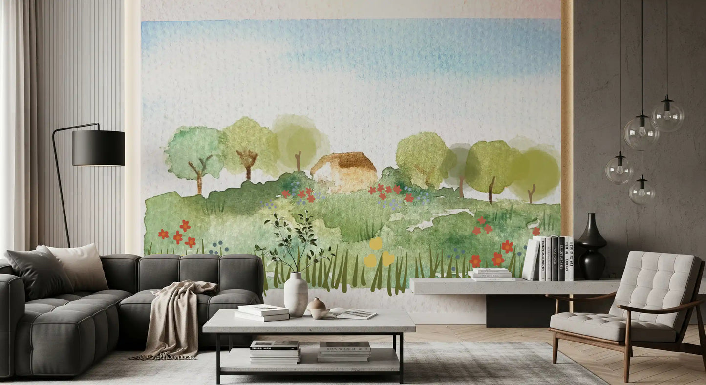 Office room Watercolor Country wall mural with calm cottage scenery