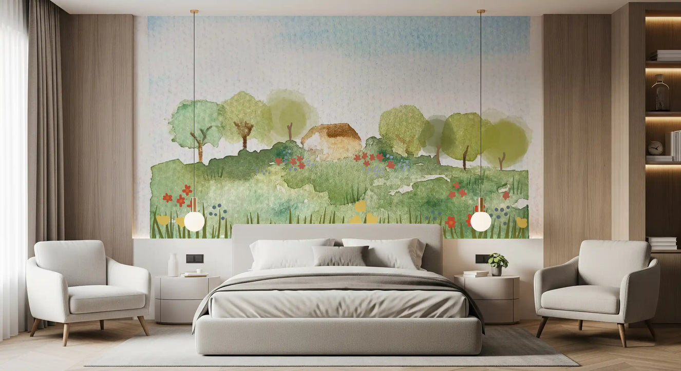 Watercolor Country Home Wall Mural