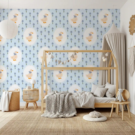 Bedroom Goose Cottage Floral Wallpaper with blue flowers and framed goose motif
