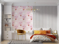 Girls room wallpaper showing Bear Balloon Ride pattern on a blush ground