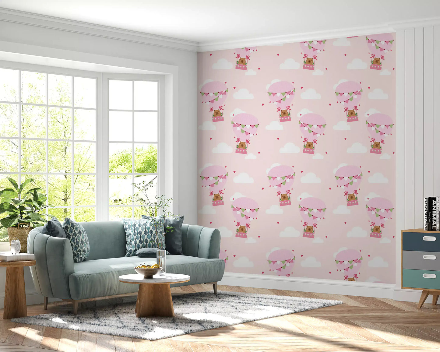 Cloud wallpaper with playful balloon scenes and gentle heart accents