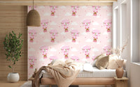 Hot air balloon wallpaper featuring cute bears and soft blush background