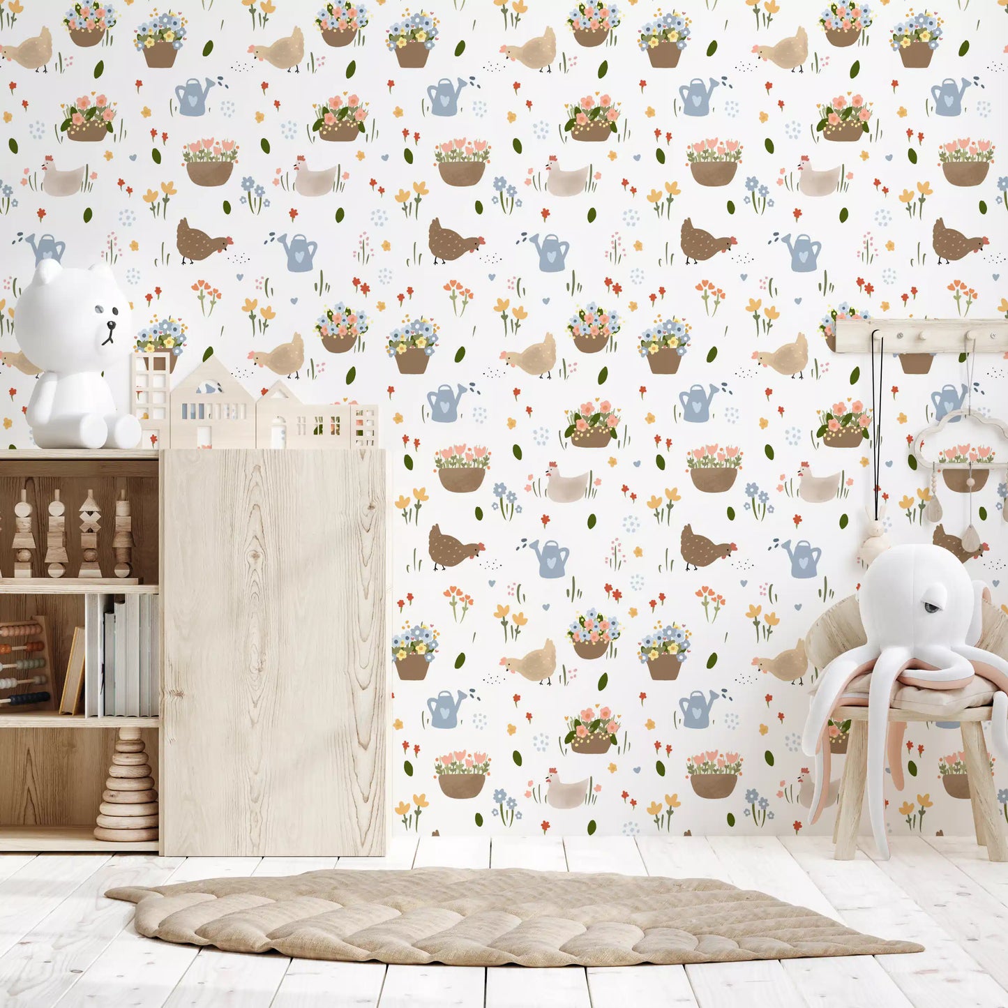 Chicken wallpaper with floral clusters and cute cottage garden elements