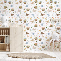Chicken wallpaper with floral clusters and cute cottage garden elements