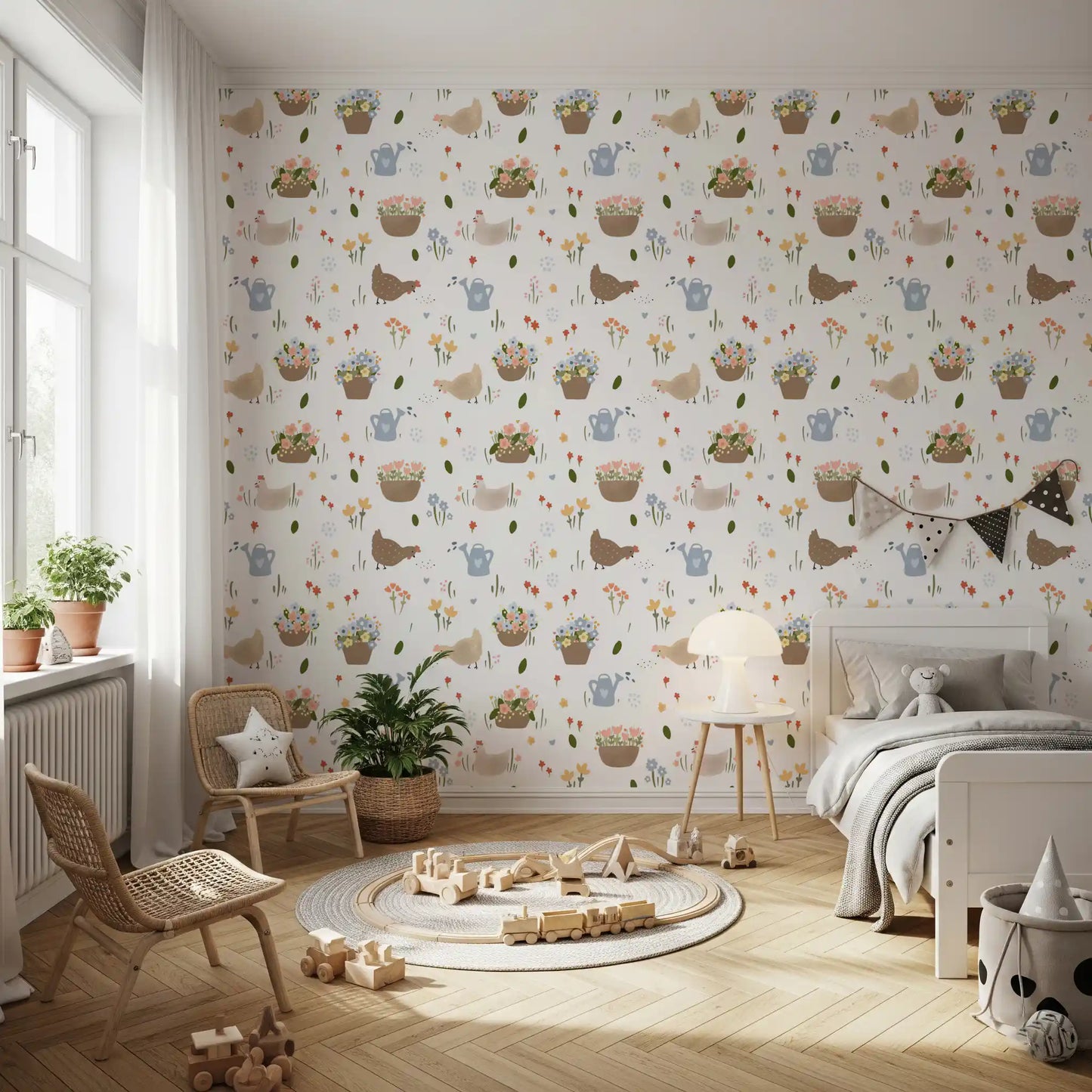 Cottage patch wallpaper with playful chickens and pastel flower accents