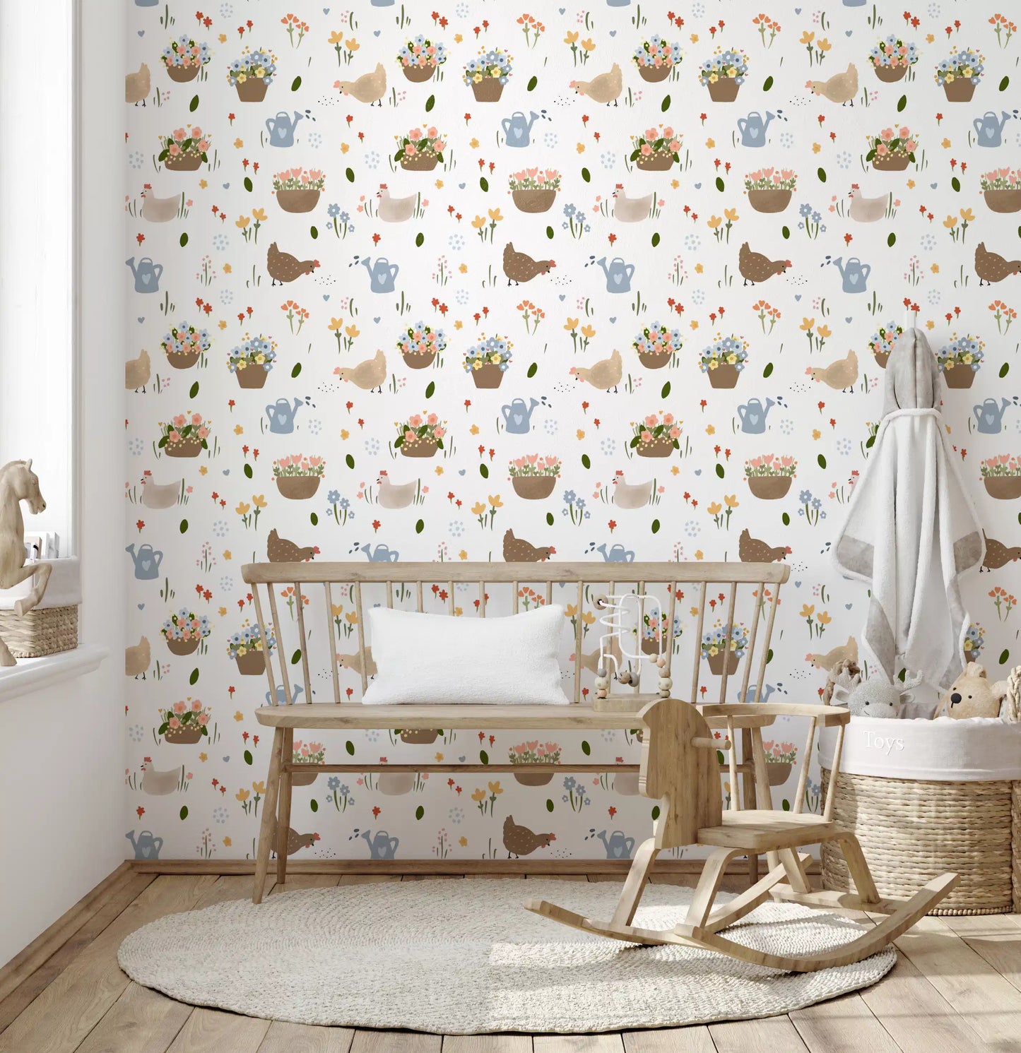Flower Patch wallpaper showing hens, blossoms, and soft cottage details