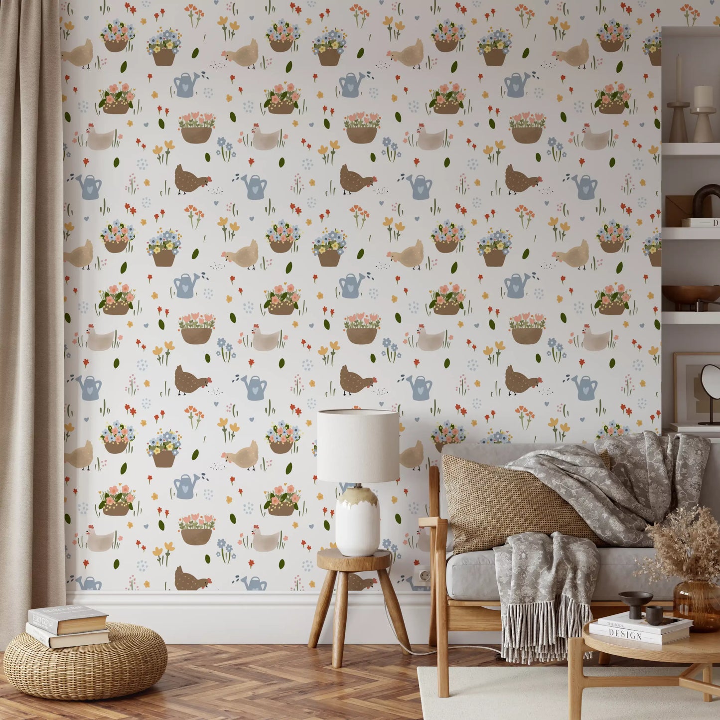 Hen wallpaper with watering cans, floral pots, and scattered wildflower motifs