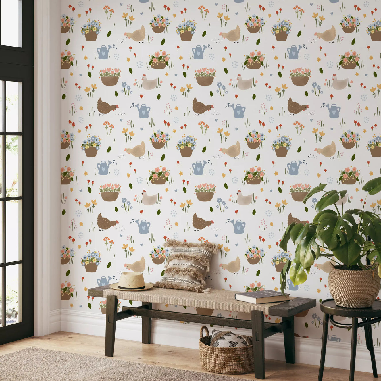 Whimsical Hen & Flower Patch Wallpaper⁠