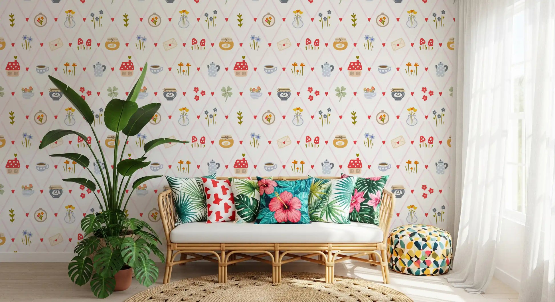 Cozy Cottage Charm Wallpaper with hearts, mushrooms, jars, and floral icons