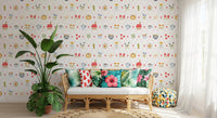 Cozy Cottage Charm Wallpaper with hearts, mushrooms, jars, and floral icons