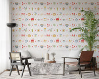 Office area wallpaper showing cottage icons, teacups, flowers, and soft pink lines