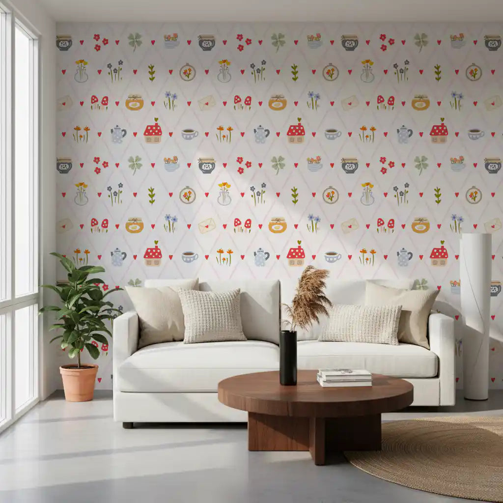 Pattern wallpaper with cottage charm icons and gentle pink crisscross detail