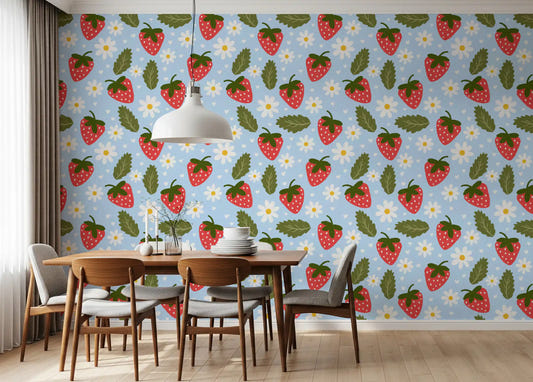 Sweet Berry Bloom wallpaper with strawberries and daisies in a dining room