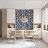 Retro Geo Blocks wallpaper tiling cobalt squares with mustard angular sections