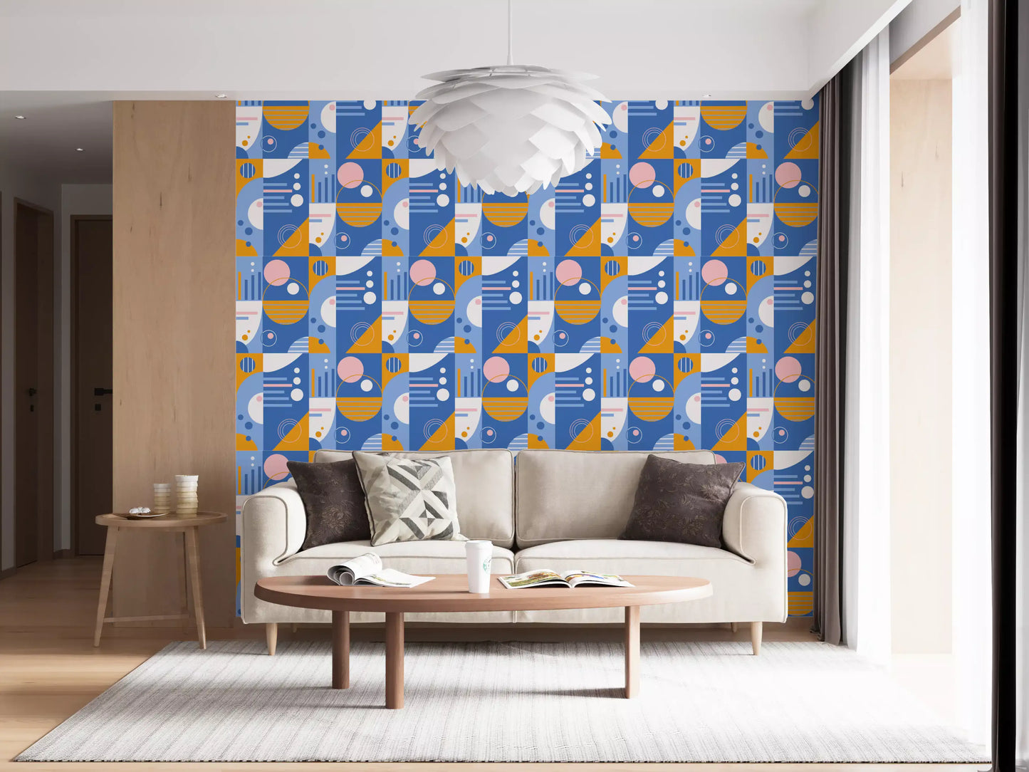 Retro Geo Blocks wallpaper in blue, pink, and orange tiling across a Living area