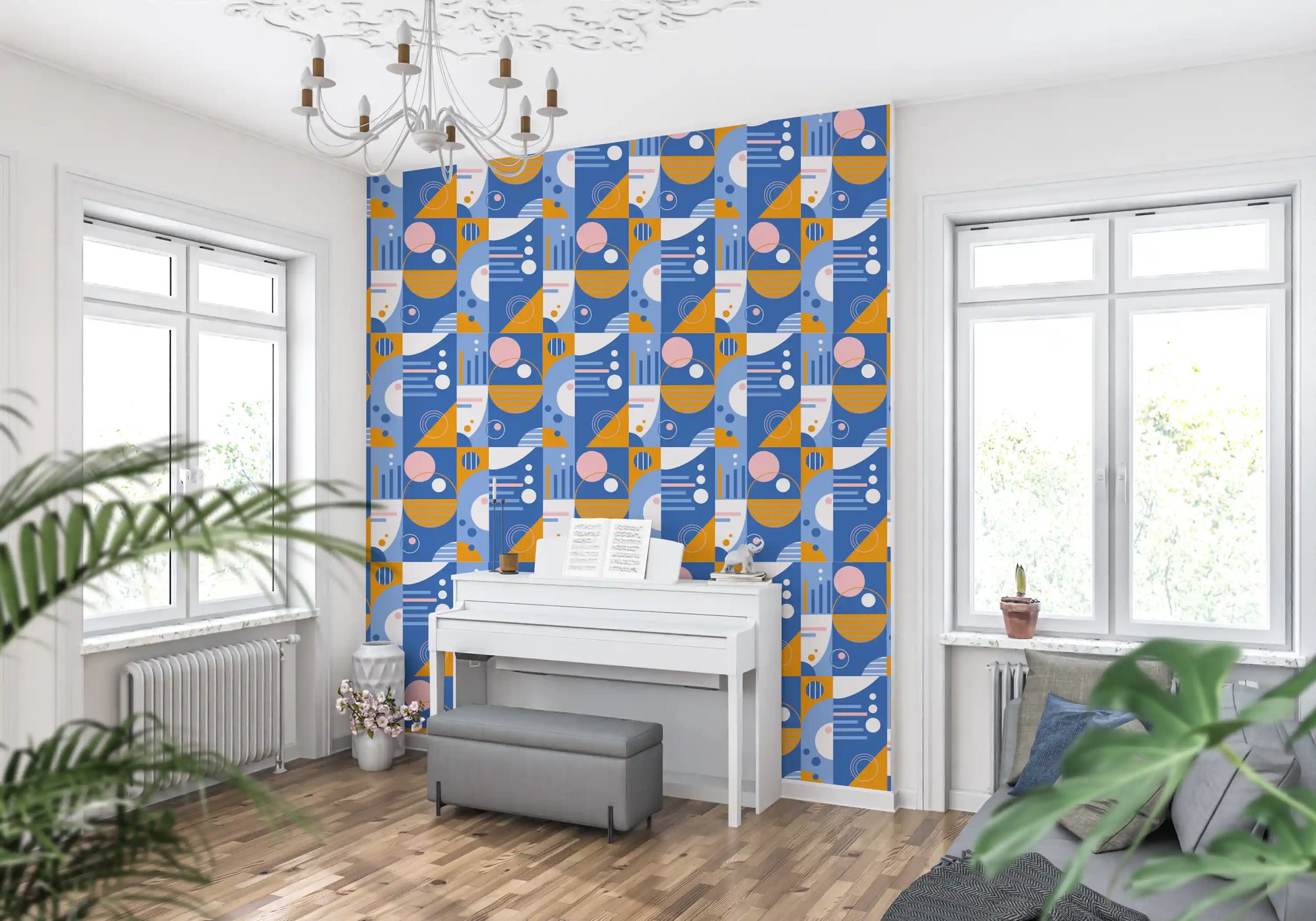 Stripe bars and concentric rings on the Retro Geo Blocks wallpaper pattern