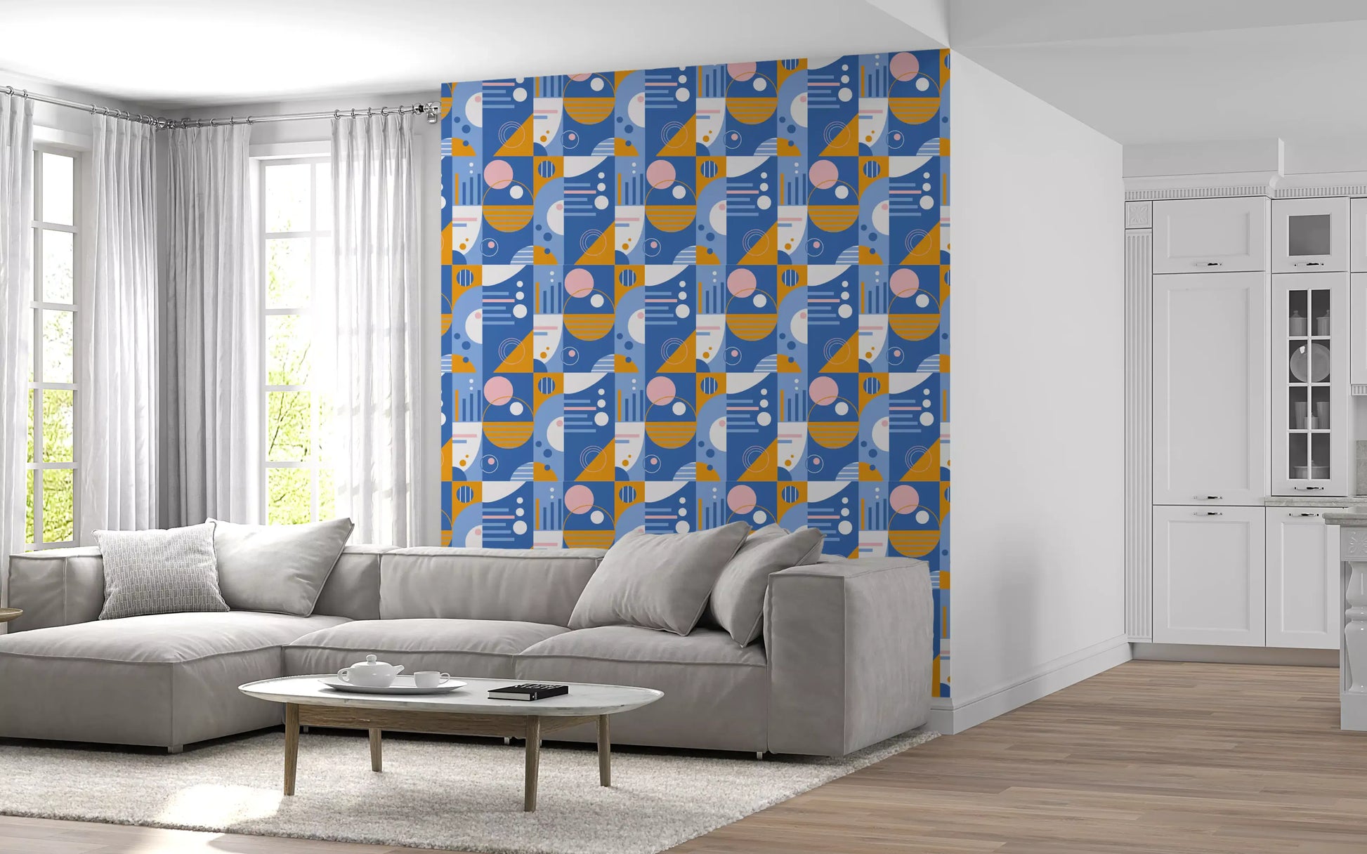 Living room with Retro Geo Blocks wallpaper adding colour.