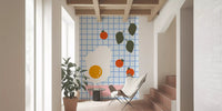 Brunch wall mural with fried egg and pink bowl in a Entryway