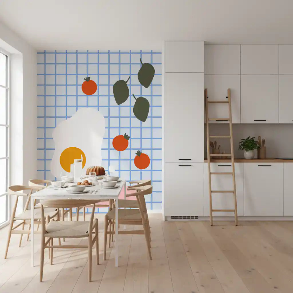 The Brunch basil and tomato wall mural in a bright dining area