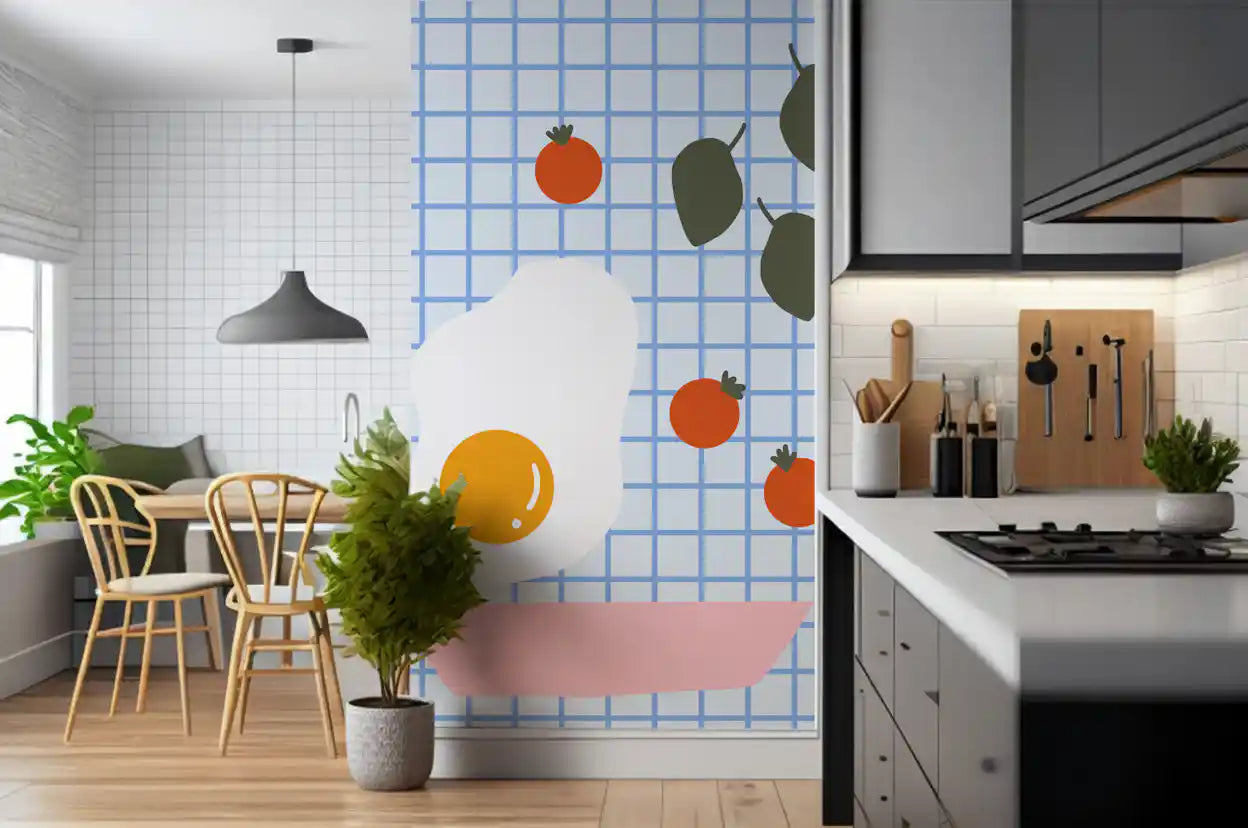 Kitchen and dining area lined with the Brunch wall mural on a blue check background